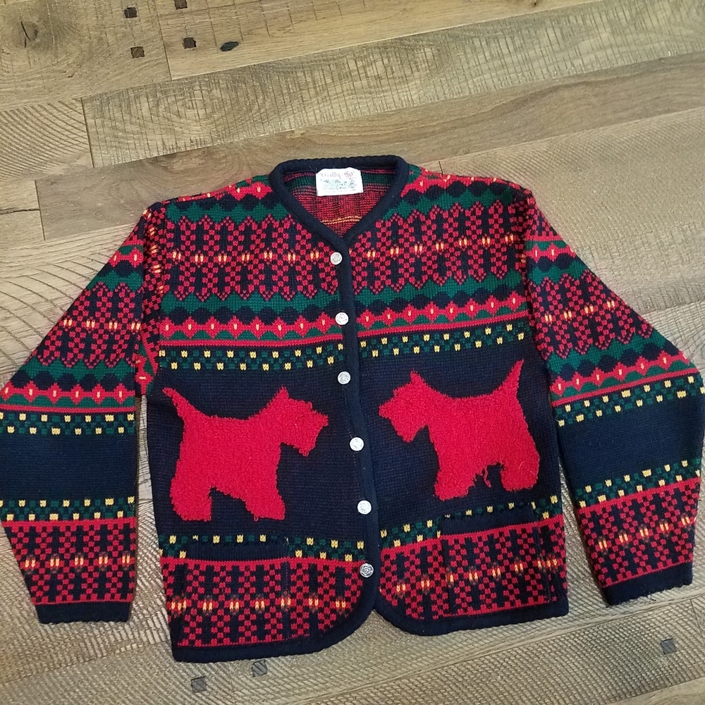 Vintage Tally Ho Creations Cardigan Scotty Dog Holliday Sweater